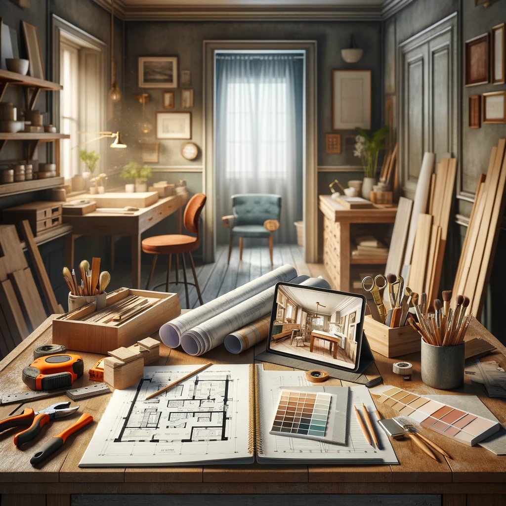 An inviting workspace centered around a craftsman's desk or workshop table, well-lit and organized, representing personalized, expert home improvement